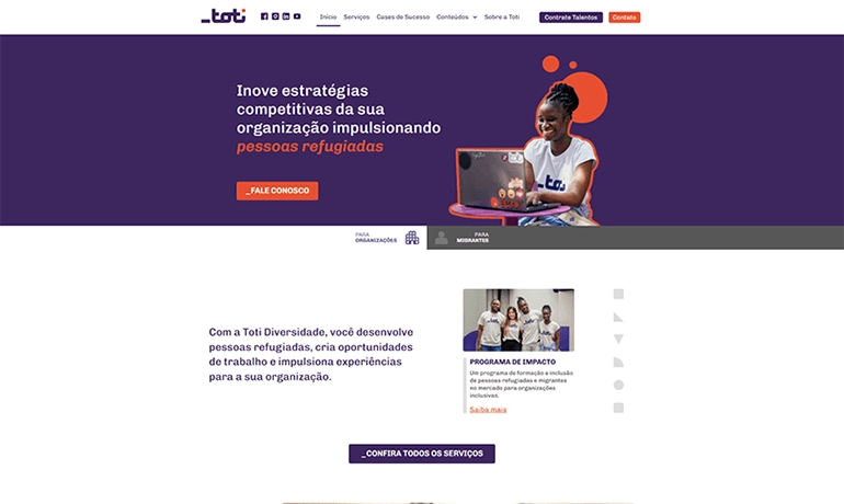 Site institucional da Toti Diversidade, uma empresa brasileira focada em formação tecnológica para pessoas refugiadas.